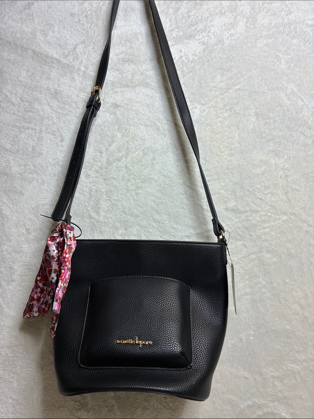 Nanette Lepore Black Pebbled Crossbody with Pink Floral Scarf